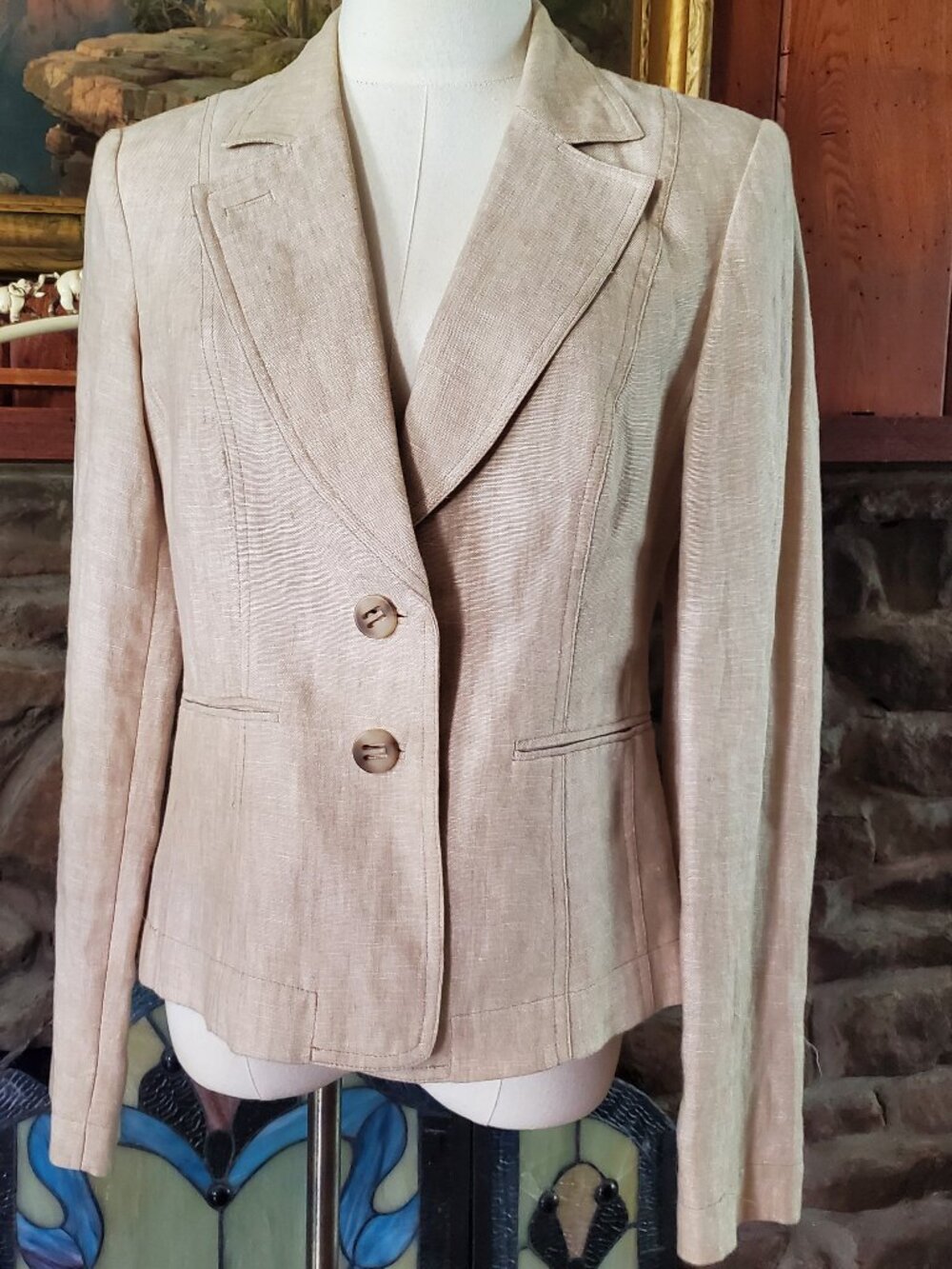 Women's Size 8 Medium Linen Beige Blazer Jacket Satin Lining